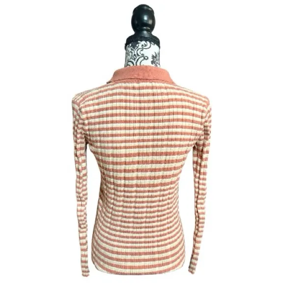 TEA N ROSE Striped Ribbed Long Sleeve Polo Sweater - Image 2
