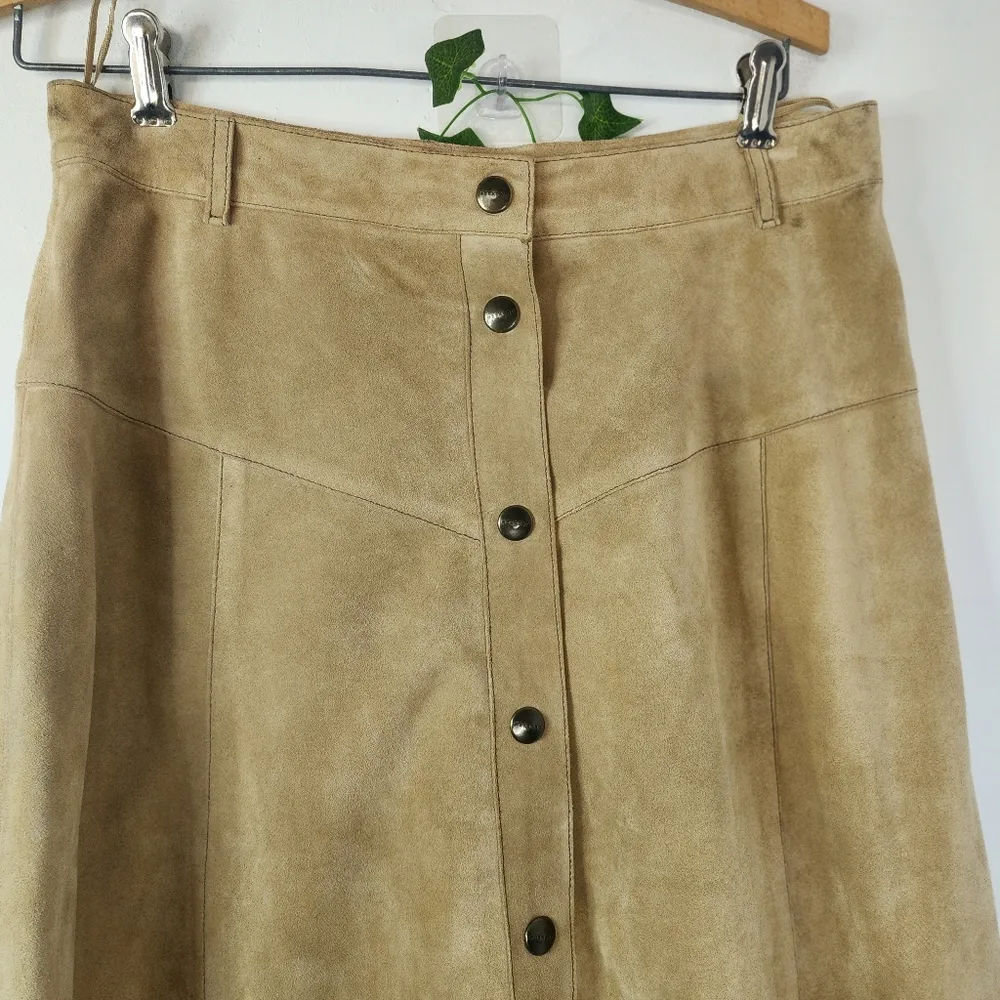 Weekend Max Mara Genuine Leather Camel Snap Front A Line Skirt Tan Size 12 - Image 2