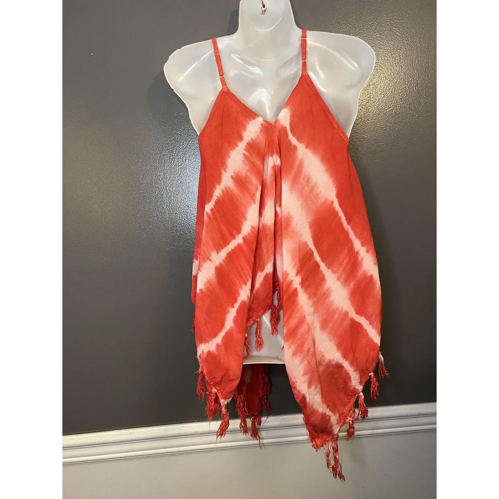 Mimi Shirt Womens Large Red White Tie Dye Cami Tassel Fringe Handkerchief Boho Orange - Image 5