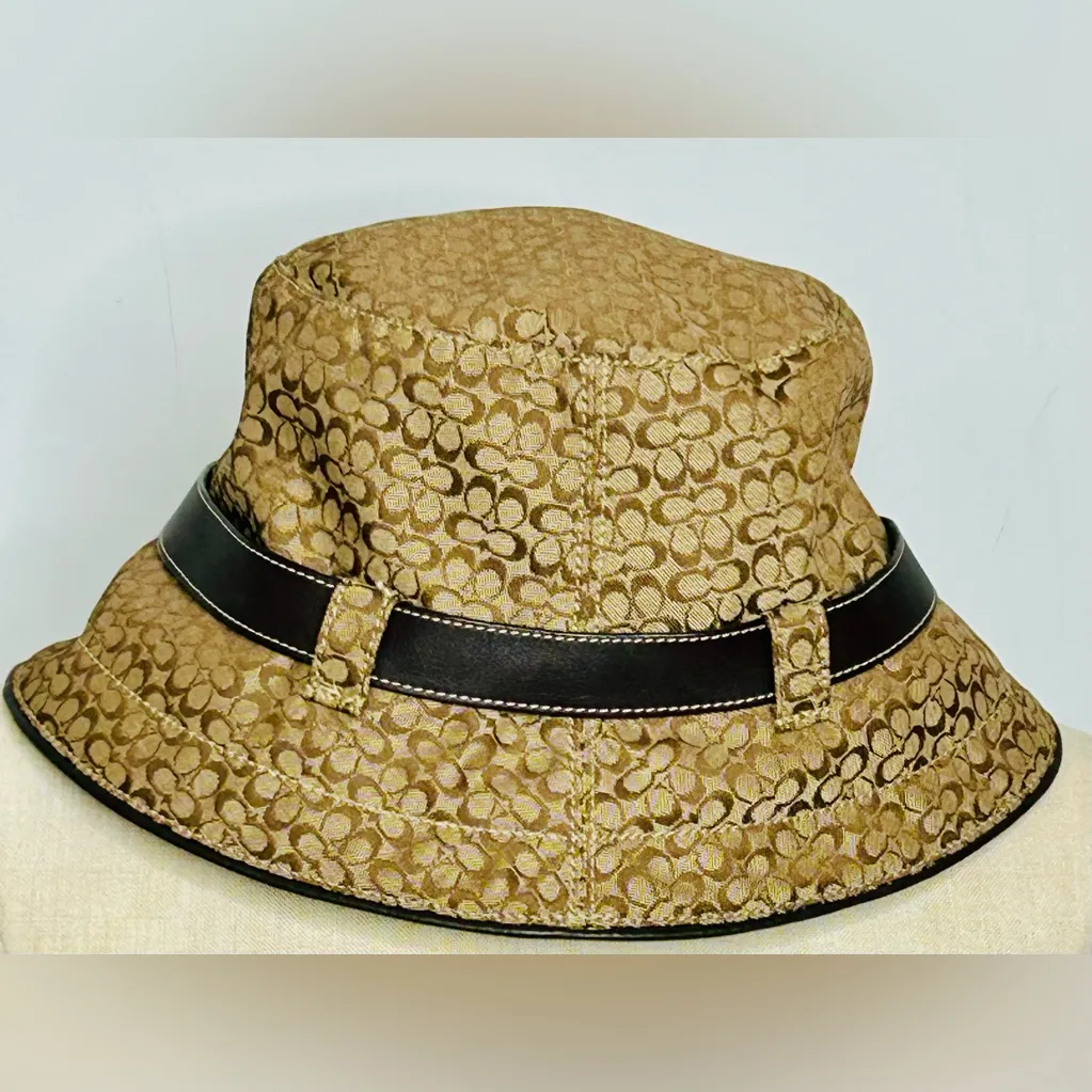 Coach Monogram Bucket Hat Khaki Brown Signature CC Logo with Leather Belt - Image 3