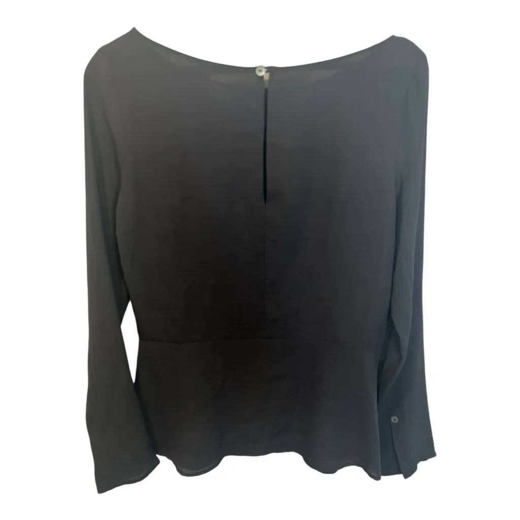 Maggie Ward Black Peplum Blouse Size Small Semi Sheer Long Sleeve Keyhole Button - Image 3