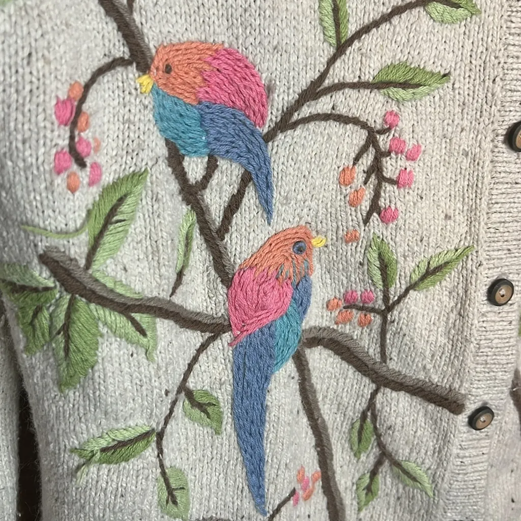 Vintage Liz Claiborne Silk Wool Knit Embroider Bead Angora Cardigan Sweater Bird - Image 3