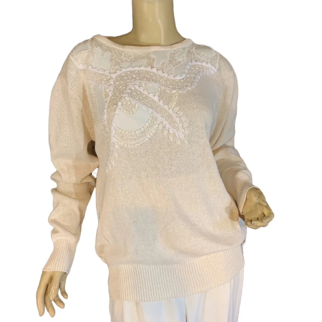VINTAGE 1980'S CERVELLE CREAM & WHITE SILK BLEND BEADED SWEATER (L) Size L - Image 5