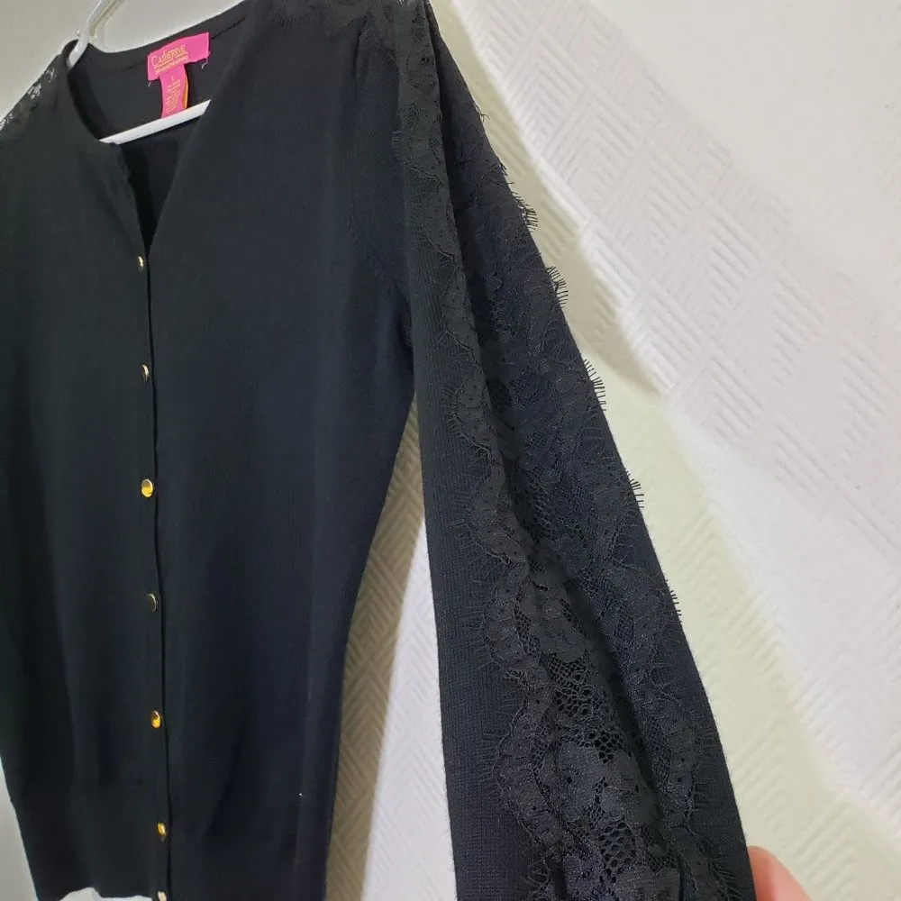 CATHERINE BY CATHERINE MALADRINO Small Black Cardigan, Lace, Button-Down Sweater - Image 5