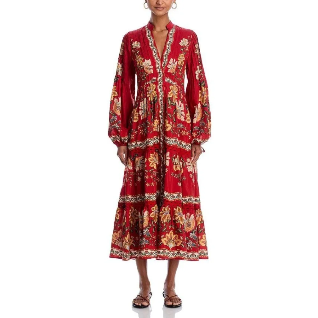 NEW NWT Farm Rio Garden Delight Floral Midi Dress Red Multi Long Sleeve Size XS - Image 4