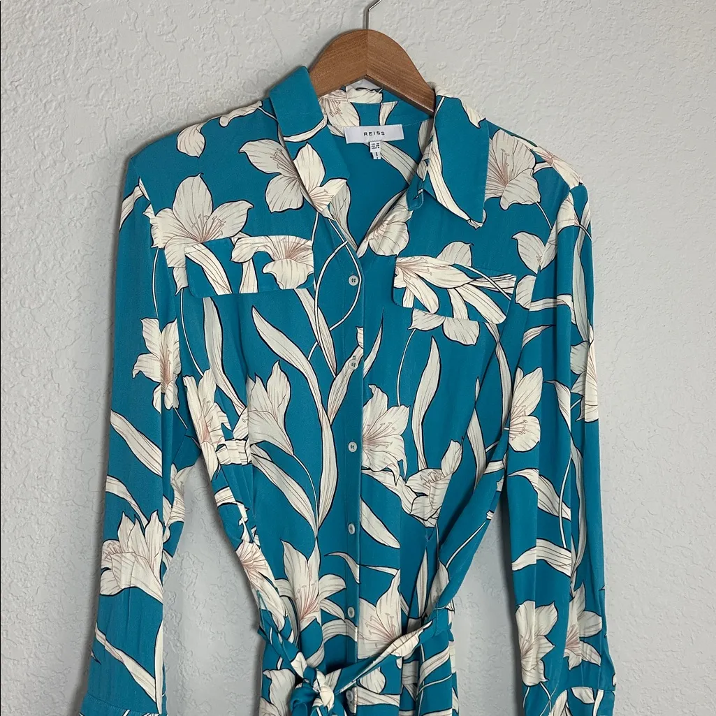 Reiss Tida Shirt Dress Teal Blue Floral Belted Long Sleeve Lunch Brunch Casual - Image 4