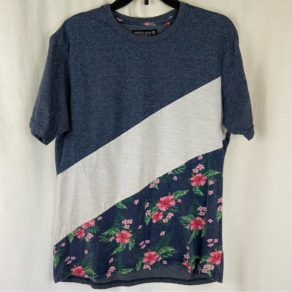 Free Planet Mixed Media Patchwork Navy White and Floral Tee Woman’s - Image 5
