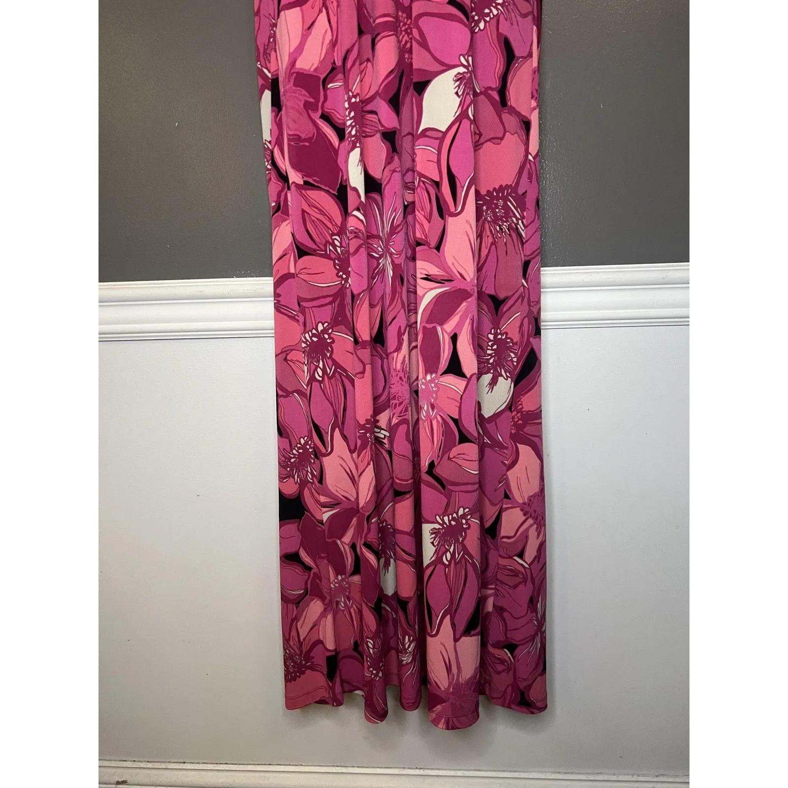 ELLE Dress Womens Medium Pink Floral Halter Maxi Jersey Sundress Casual Summer - Image 3