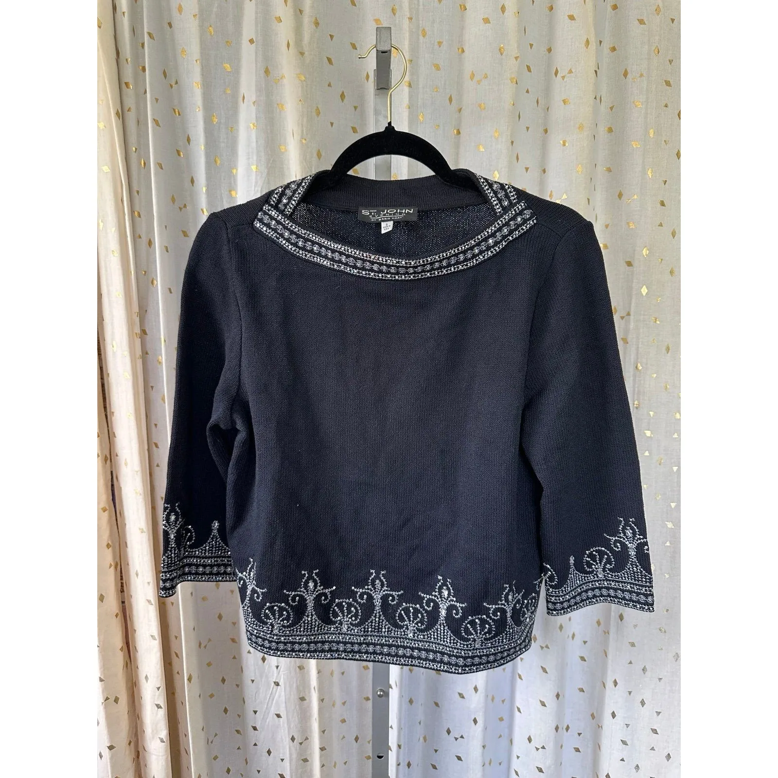 St. John Evening Jeweled Embroidered Black Cropped Bateau Neck Knit Sweater 6 - Image 2