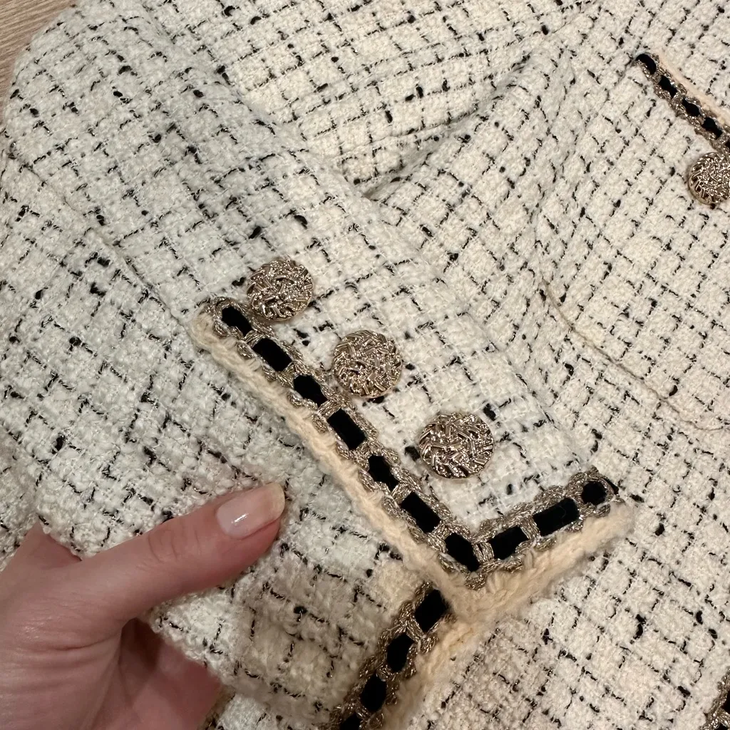 Goelia Wool Blend Tweed Jacket Cream Color Style, Tweed Blazer Size M - Image 3