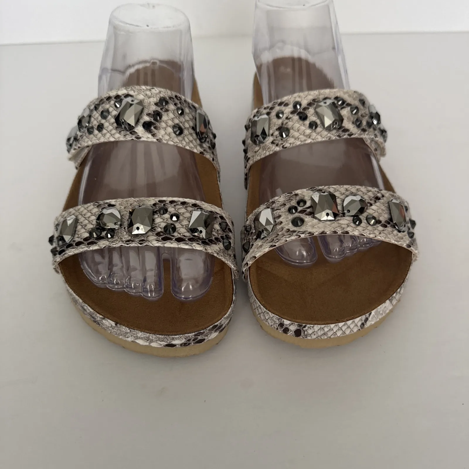 Joan Boyce Ruth Sandals Snake‎ Print Strappy Comfort Jeweled Slides Size 8 Wide Gray - Image 6