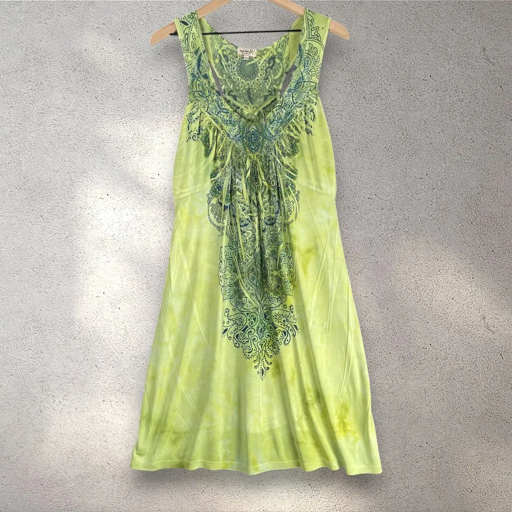 OneWorld Rhinestone Maxi Dress Women's L Green Sleeveless Bohemian Summer Beachy - Image 3