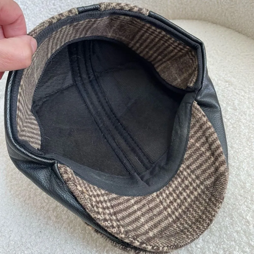 Mens Structured Newsboy Hat Brown Glenn Plaid Faux Leather 58 - Image 4