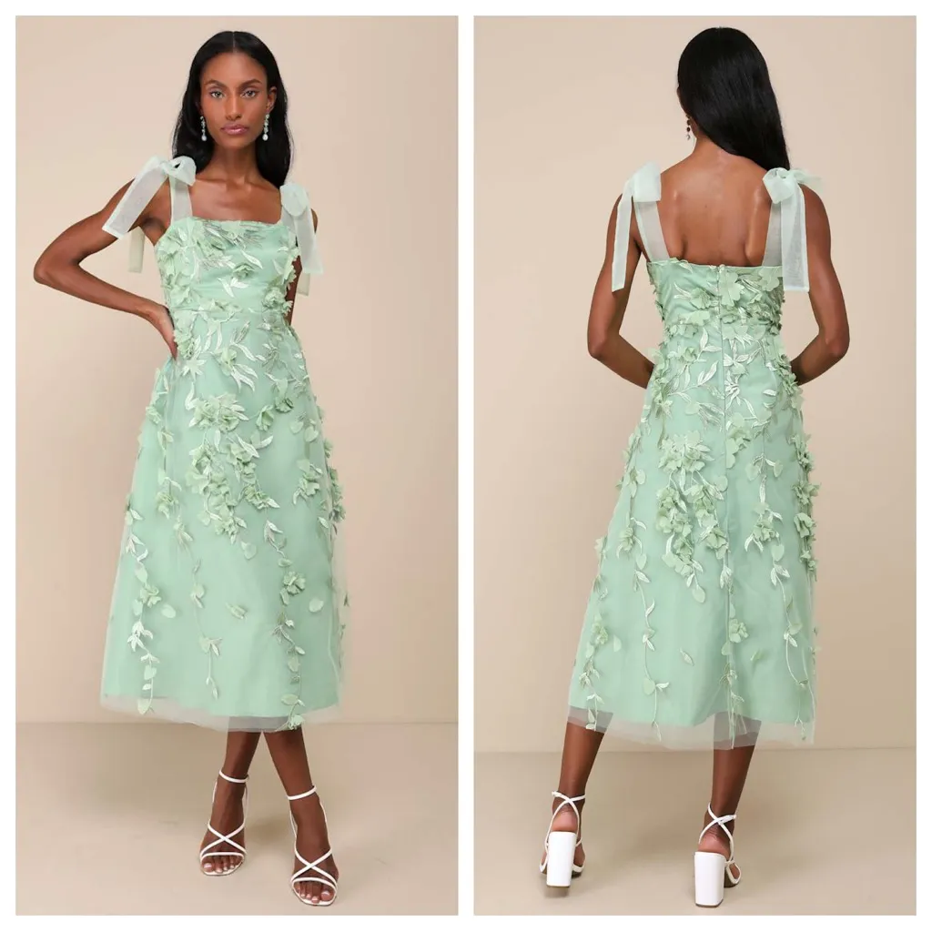 Lulus Effortlessly Sweet Sage Tulle 3D Floral Tie-Strap Midi
Dress - Image 2