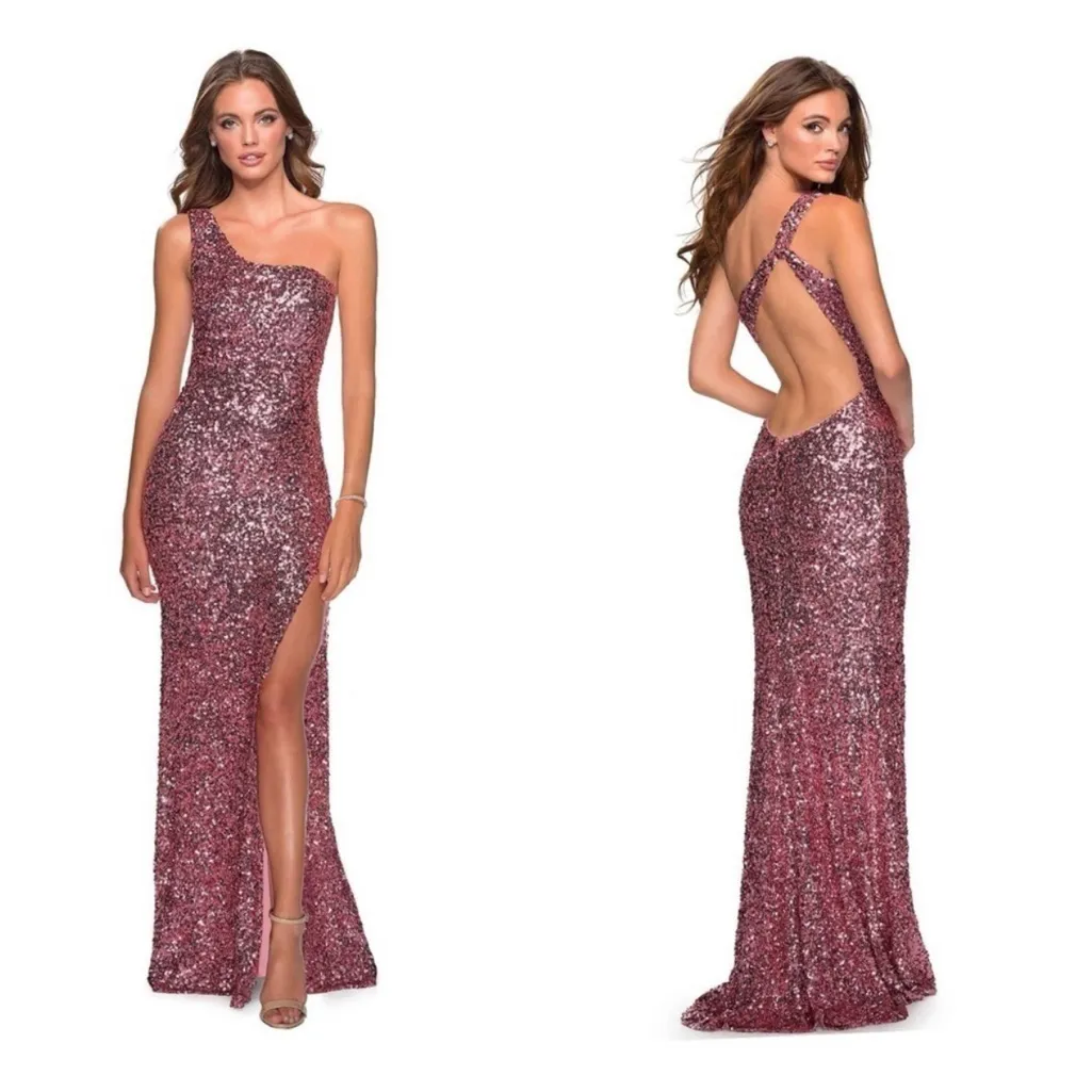 Sequin One Shoulder Open Back Long Gown - Image 2