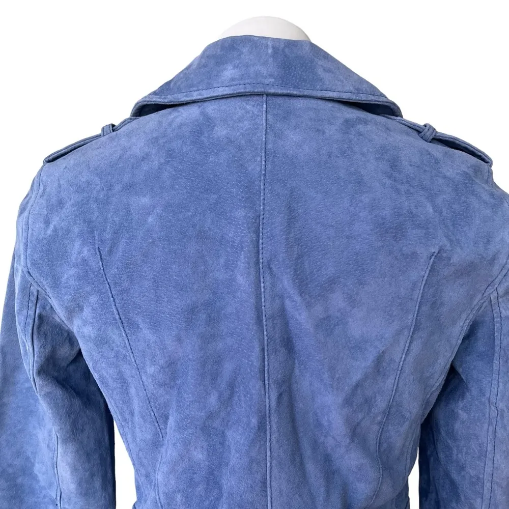Mango Blue Pigskin Leather Suede Biker Jacket, Sz S - Image 13