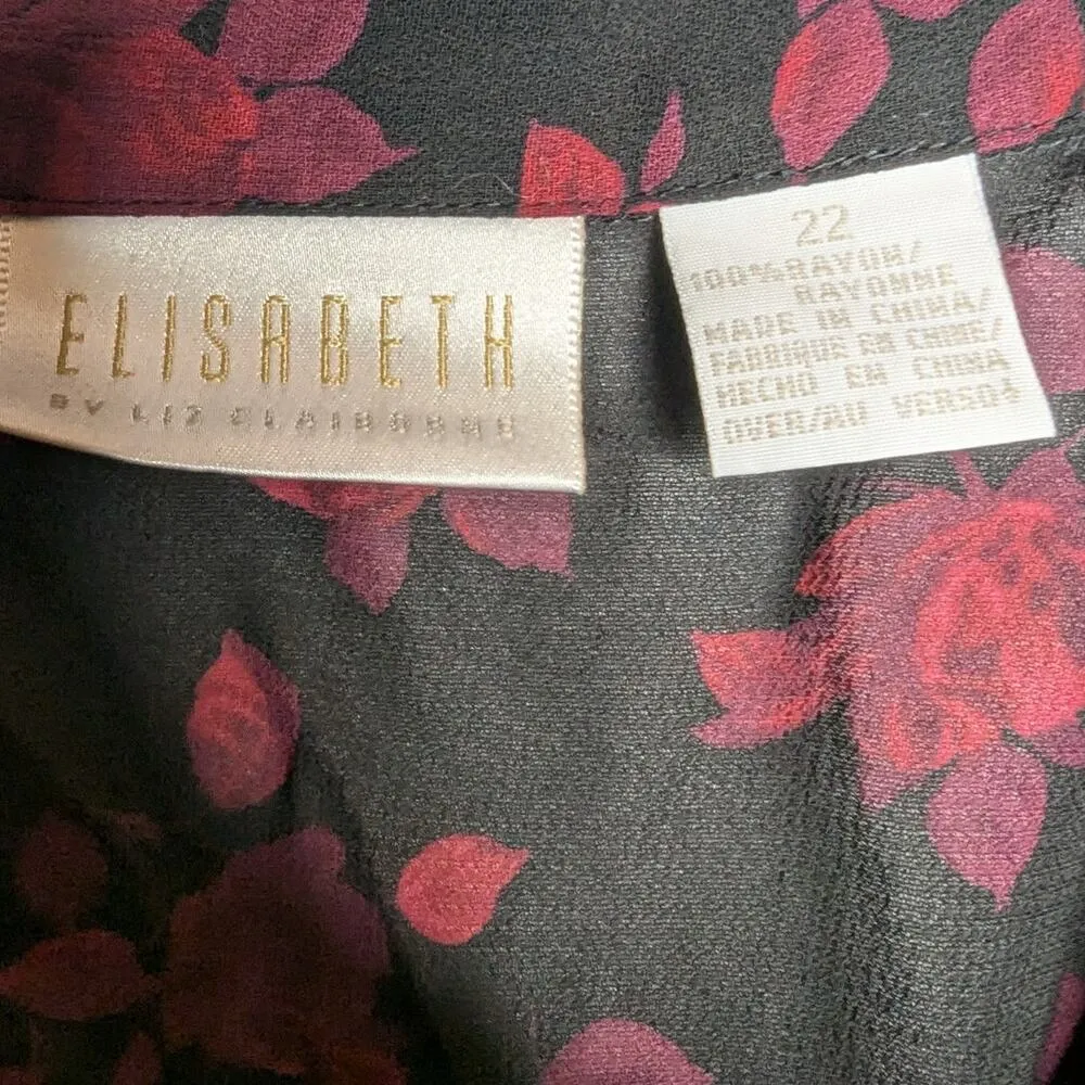 Vtg 1990s Elisabeth Black Red Floral Print Chiffon Collared Button Up Blouse 22 Size undefined - Image 3