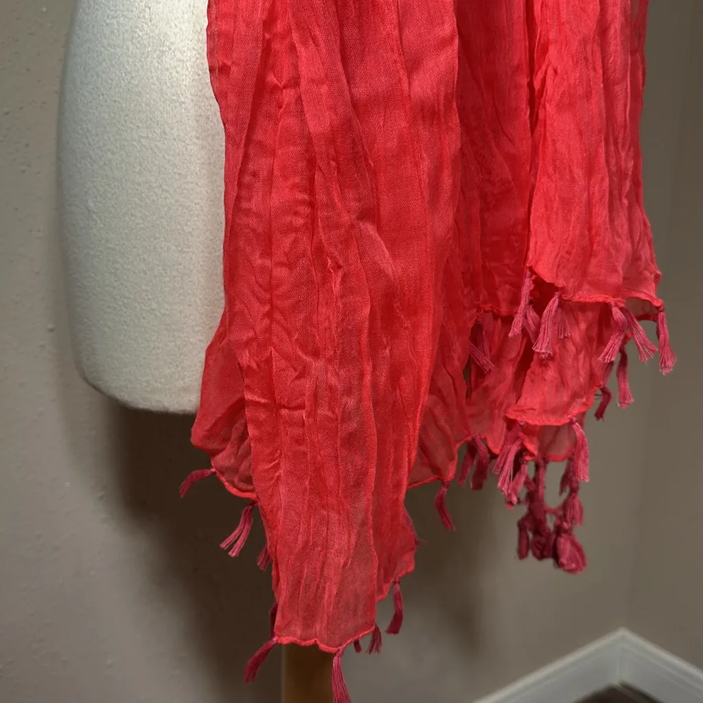 Crinkle Fashion Sheer Scarf with Tassels 36”x72” Watermelon Pink - Image 2