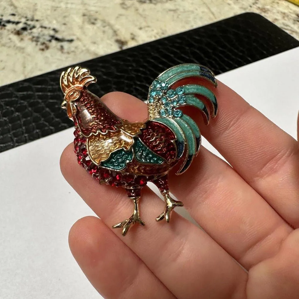 Signed Napier Gold Tone Multi Color Enamel / Rhinestone Rooster Bird Brooch Pin - Image 7