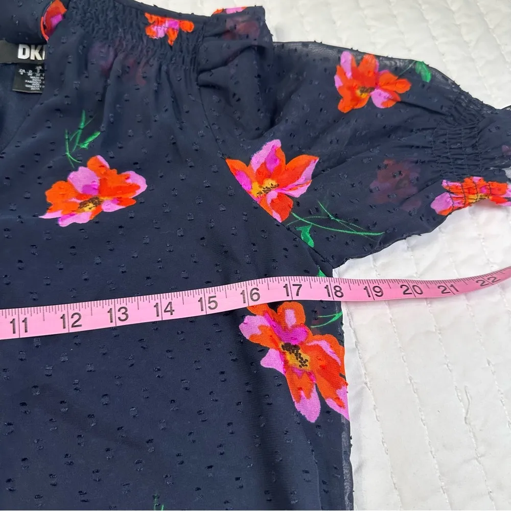 DKNY Party Floral Navy and Pink Flower Bow neck Ruffle Sheer Sleeves Mini Dress - Image 5