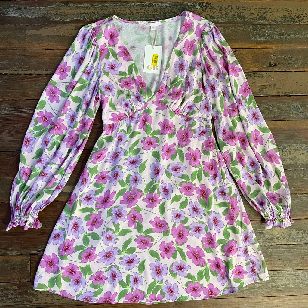 NWT Gianni Bini Purple & Pink Floral Cottagecore Baby Doll V Neck Dress Sz S 💚🎀 - Image 8