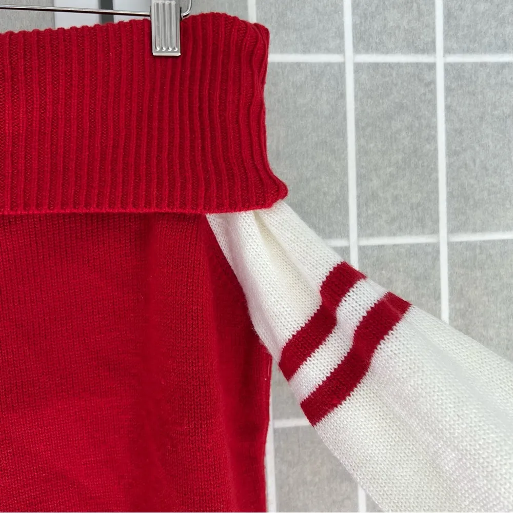 off shoulder sweater ribbed knit color block red white Small - Image 7