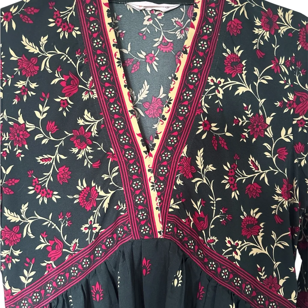 Rust Orange Dark Green India Flower Dress Black Size M - Image 3