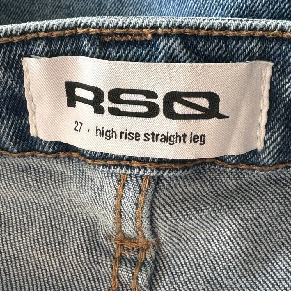 RSQ SZ 27 High-Rise Straight Jeans Zip-Fly Frayed Hems Stretch Medium Wash Blue - Image 8