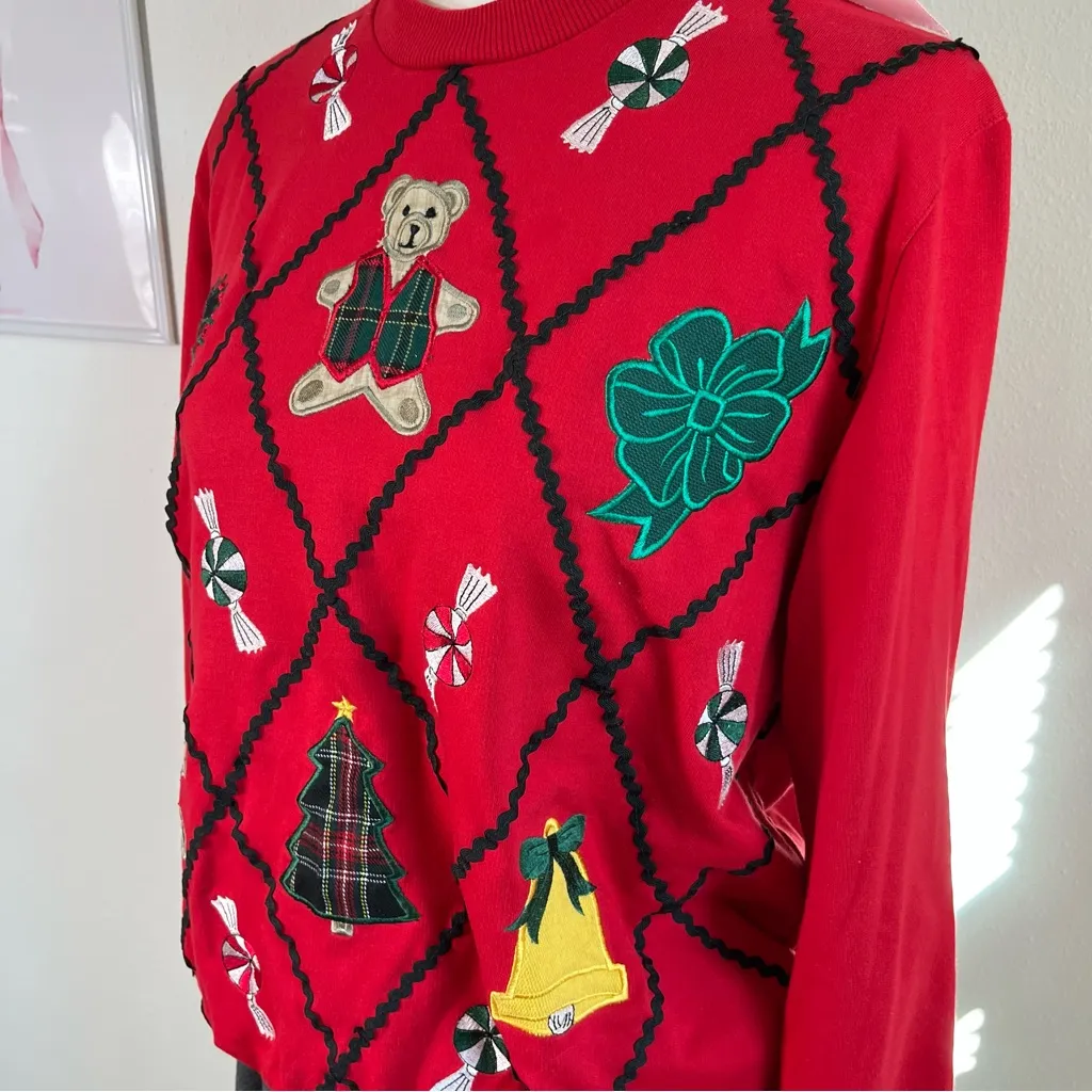 Vintage 90s Alfred Dunner Christmas Red Patchwork Crewneck Sweater Womens Medium - Image 3