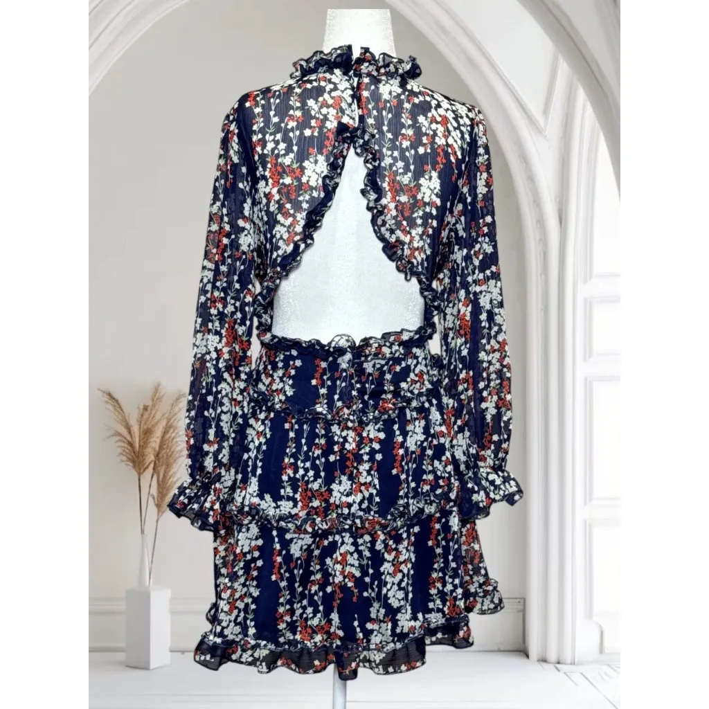 Saints + Secrets M Womens Blue Floral Ruffle Mini Dress Open Back Party Dress - Image 2