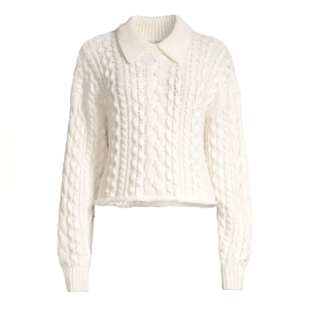 525 America Cable-Knit Polo Cropped Relaxed Sweater in Ivory Chalk Size Large - Image 2