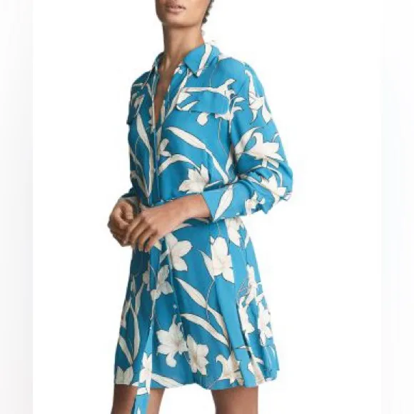 Reiss Tida Shirt Dress Teal Blue Floral Belted Long Sleeve Lunch Brunch Casual - Image 13
