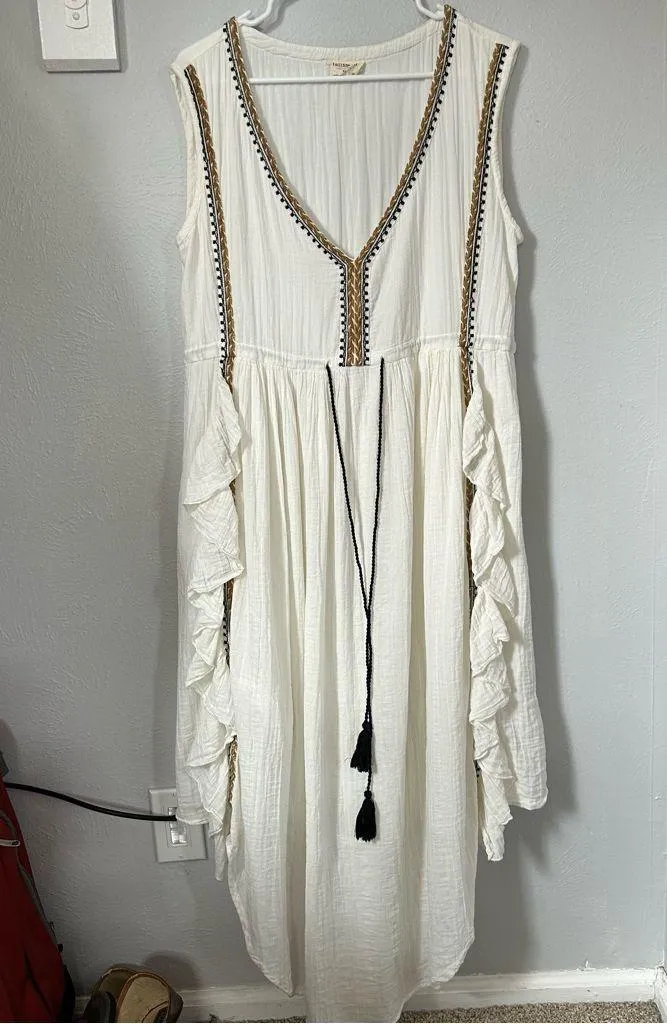 SUNDANCE TALISMAN Baba Boho White Maxi Ruffle embroidered Sleeveless Dress XL - Image 2