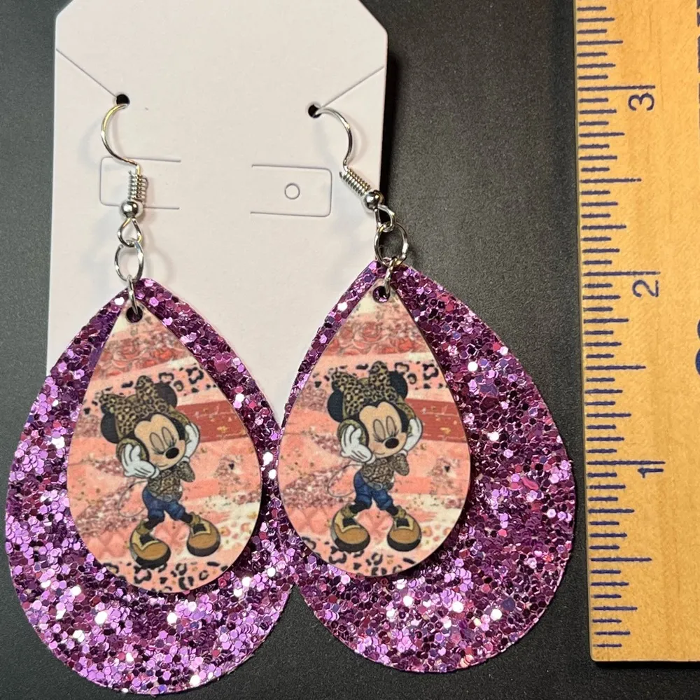 Minnie Mouse Purple Glitter Teardrop Dangle Earrings New - Image 2