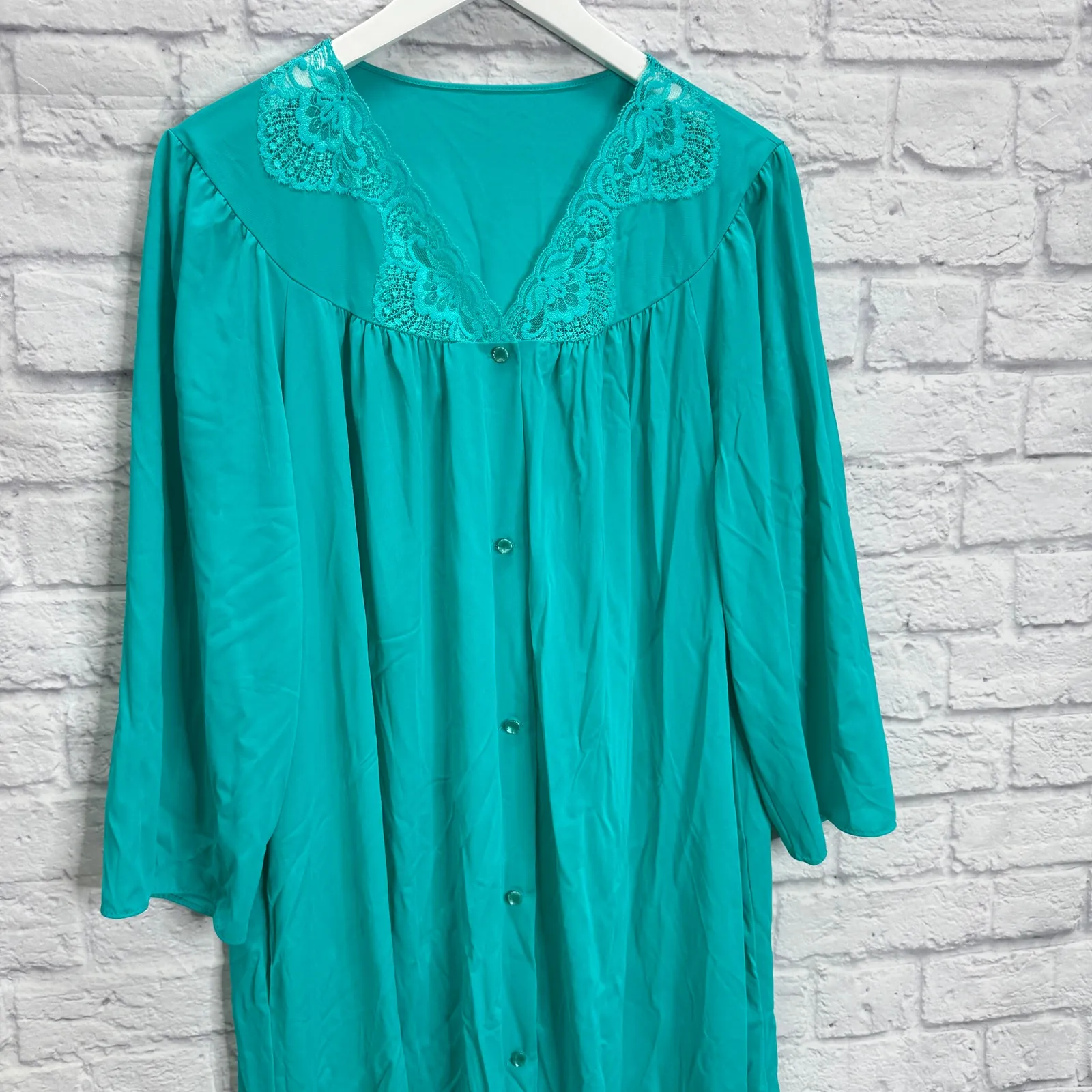 Vintage Shadowline Nylon Nightgown Turquoise Green Size XL Lace Detail Button - Image 3