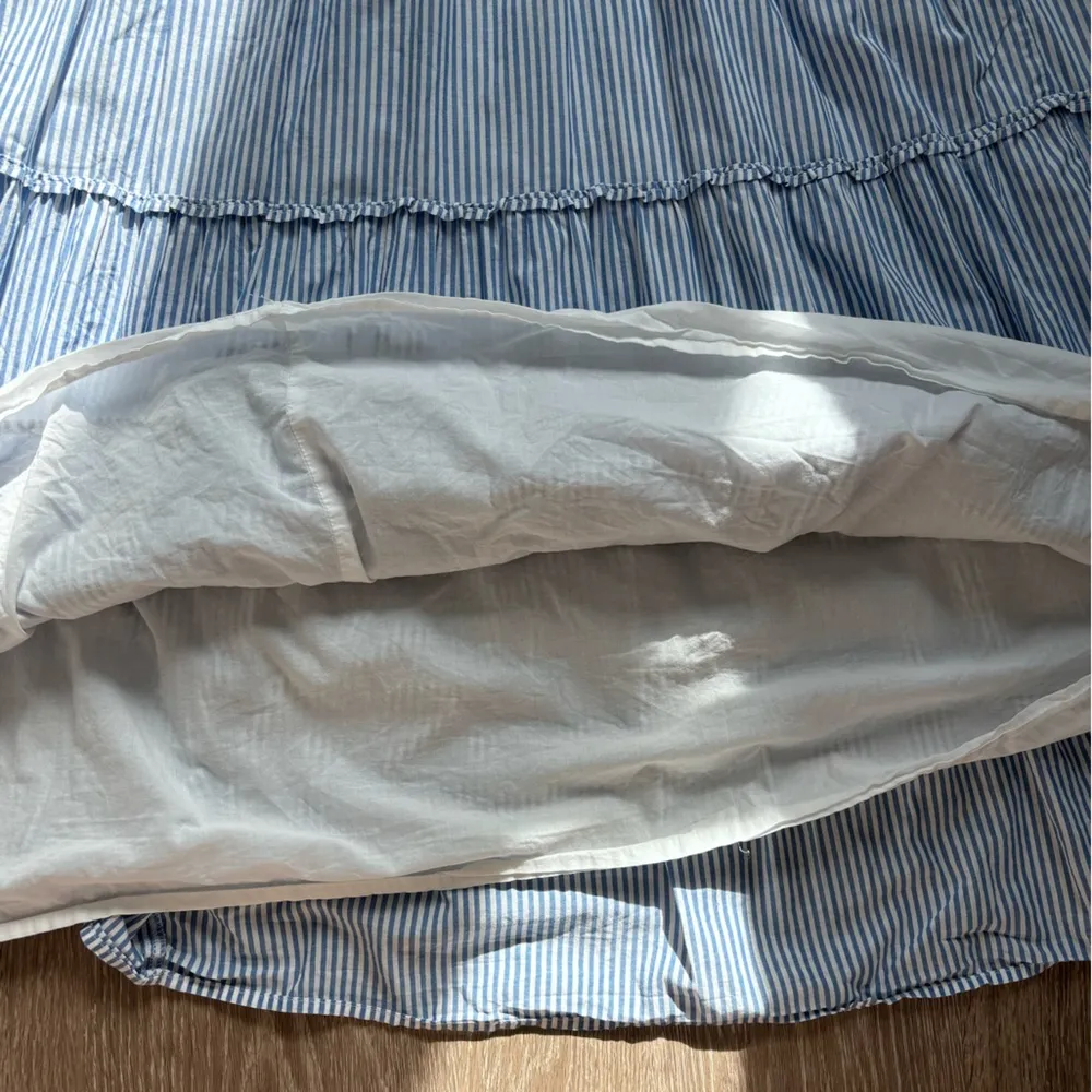 J.Crew  Smocked Tiered Navy White Striped Midi Dress Pockets Size Large - Image 7