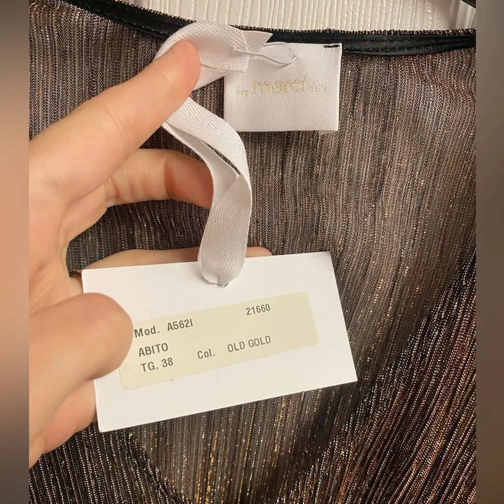 NWT Merci Italy Designer Gold Shimmer/Metallic Mini Dress Size 8 Brown - Image 2