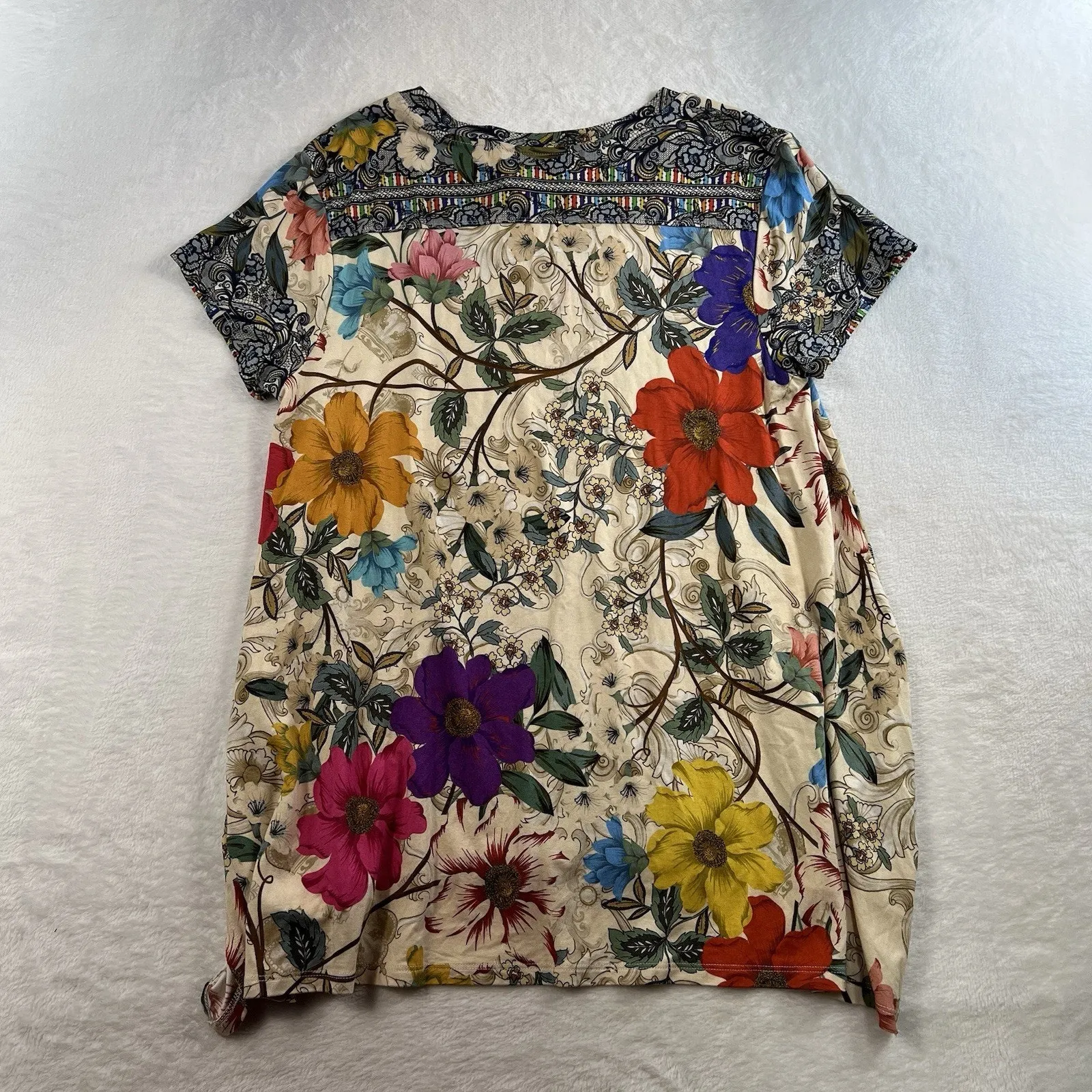 Johnny Was M Medium Archibal Drape Tee Handkerchief Hem Floral V-Neck Multi - Image 12