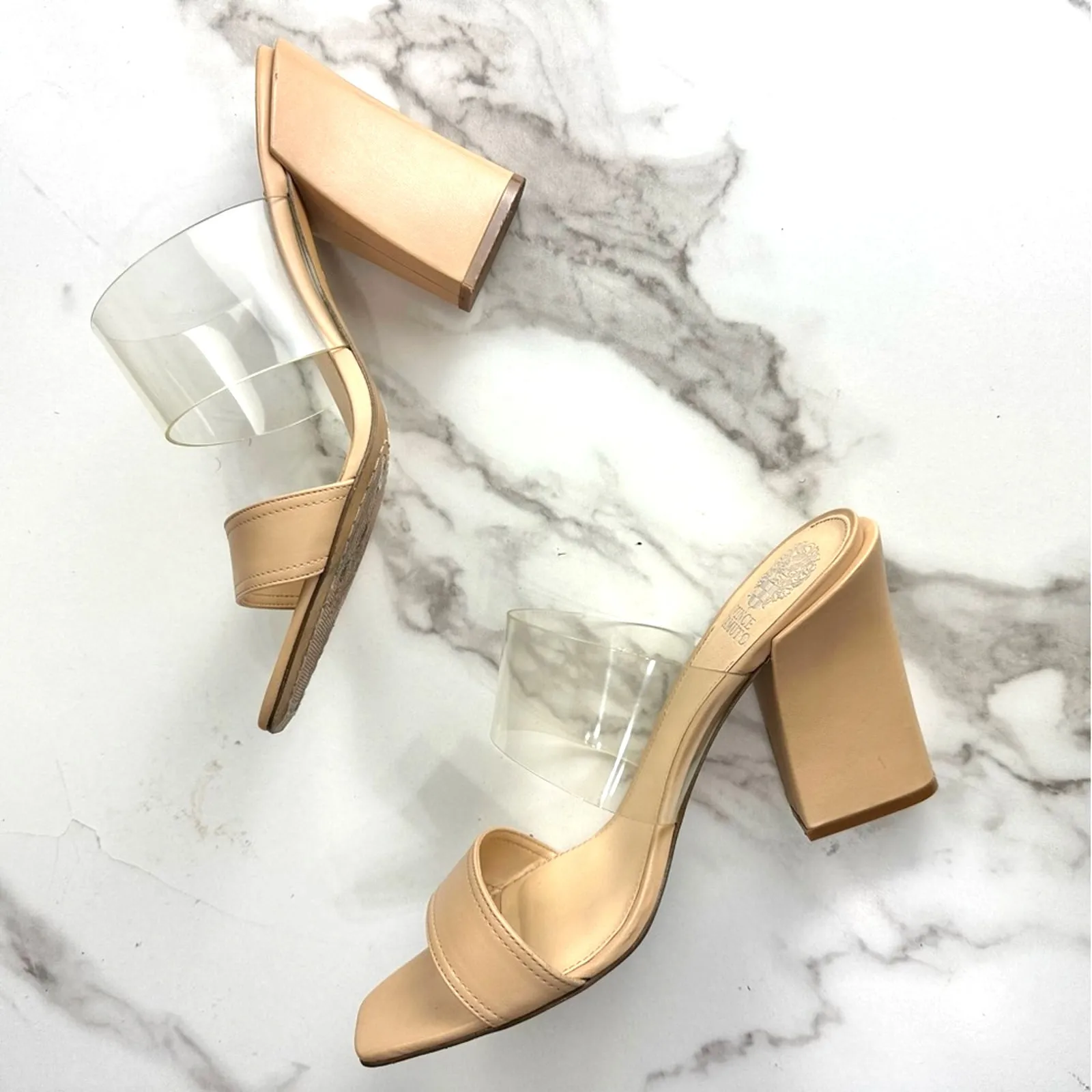 Vince Camuto Felima Mules Biscuit Soft Leather & Clear Size 11 Vaca Resort Club - Image 8