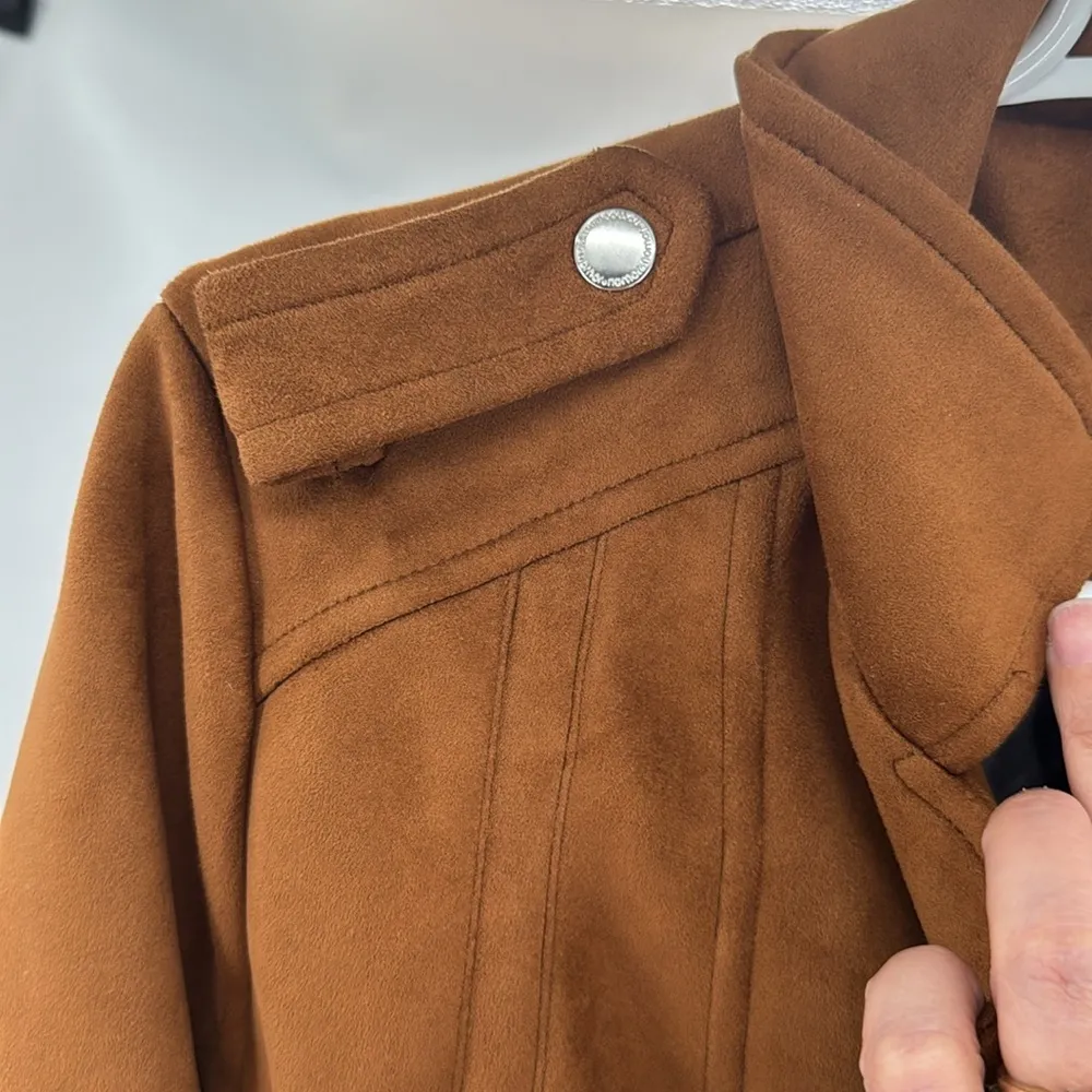 Jou Jou Brown faux Leather suede Jacket waist length Zipper Details moto L fall Size L - Image 9