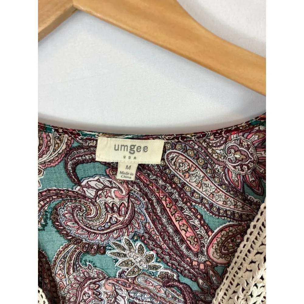 Umgee Paisley Boho Printed Wide Sleeve Blouse Size Medium - Image 4