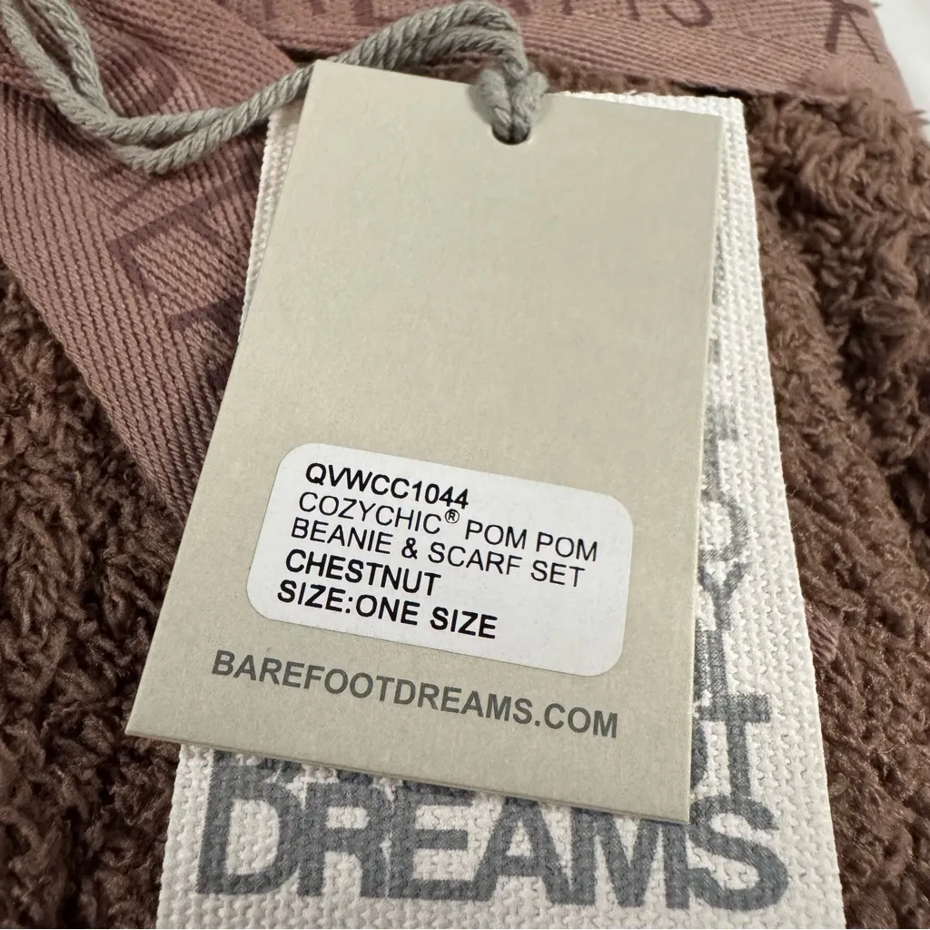 NWT Barefoot Dreams CozyChic PomPom Knit Beanie and Scarf Set Chestnut Brown - Image 2