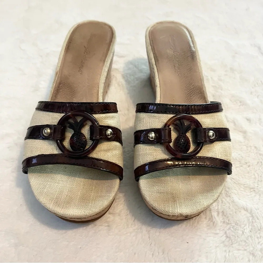 Tommy Bahama Pineapple One Strap Slide Cork Wedge Sandals Size 7.5 Cream Brown - Image 3