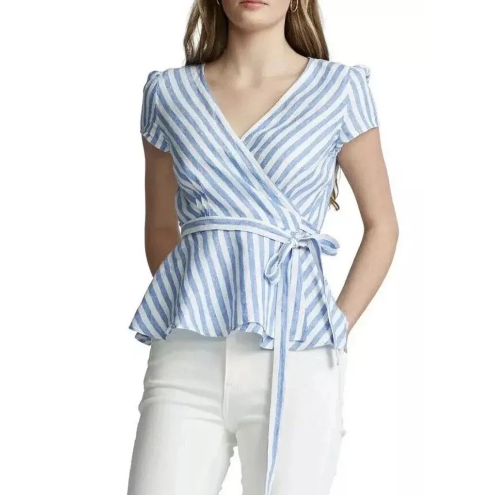 Polo Ralph Lauren Striped Wrap Blouse Linen Blend Women's Size M Preppy Summer - Image 8