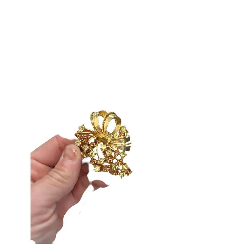 Topaz Rhinestone Gold Flower Bouquet Brooch Pin Costume Jewelry Brown - Image 5