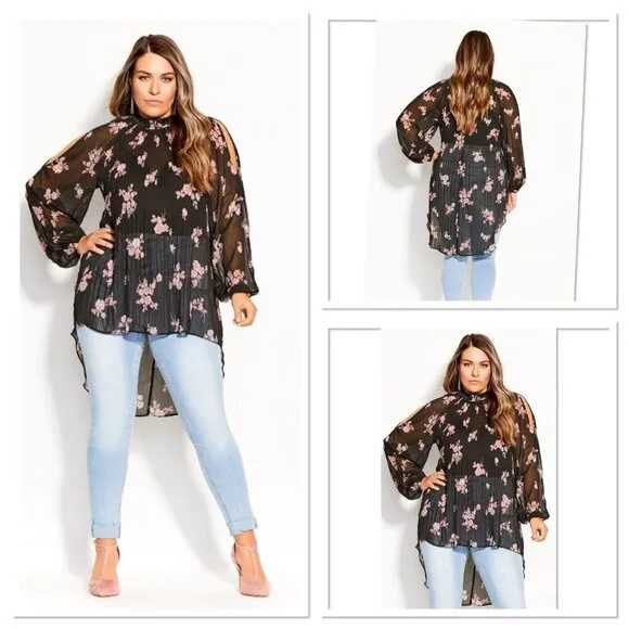 City Chic Black  Floral Budding Romance Long Sleeve Hi Low  Top Size L/20 ( 3X ) - Image 2