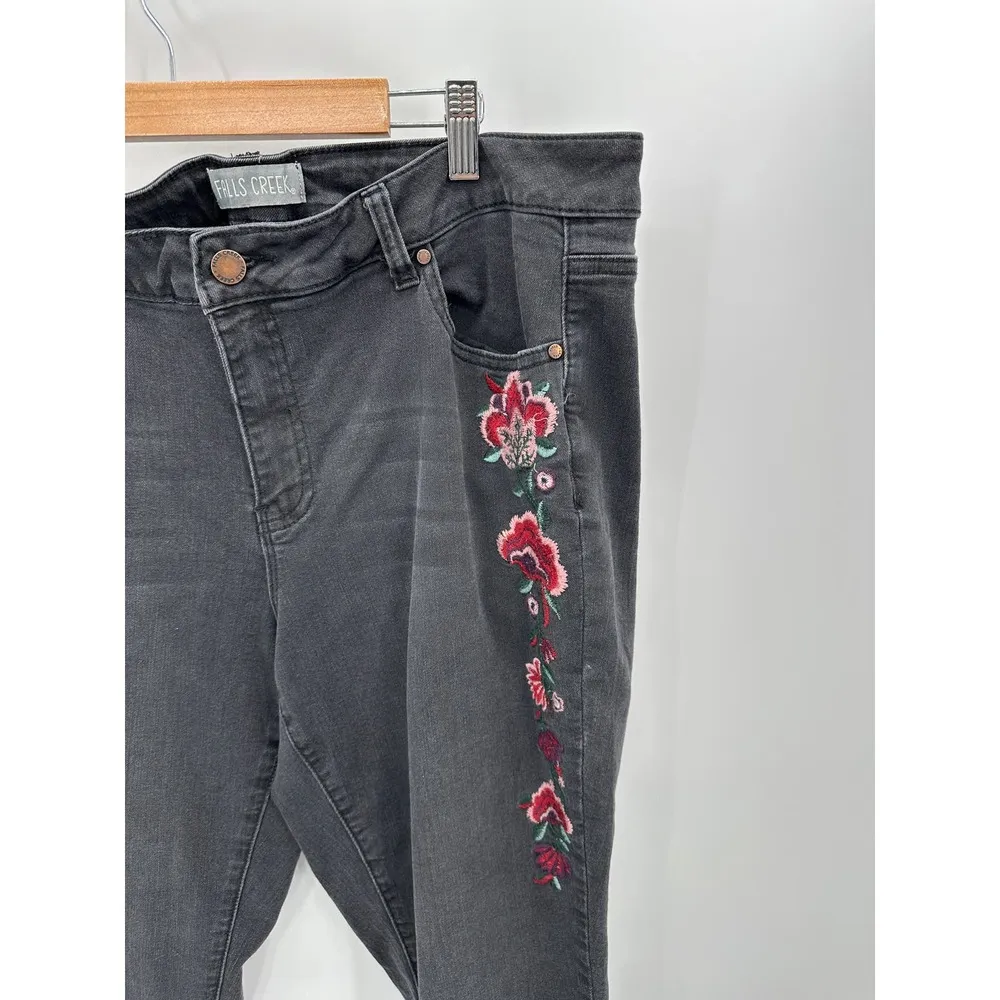 Falls Creek Jeans Women 18 Black Denim Floral Embroidered Skinny Cotton Blend - Image 3