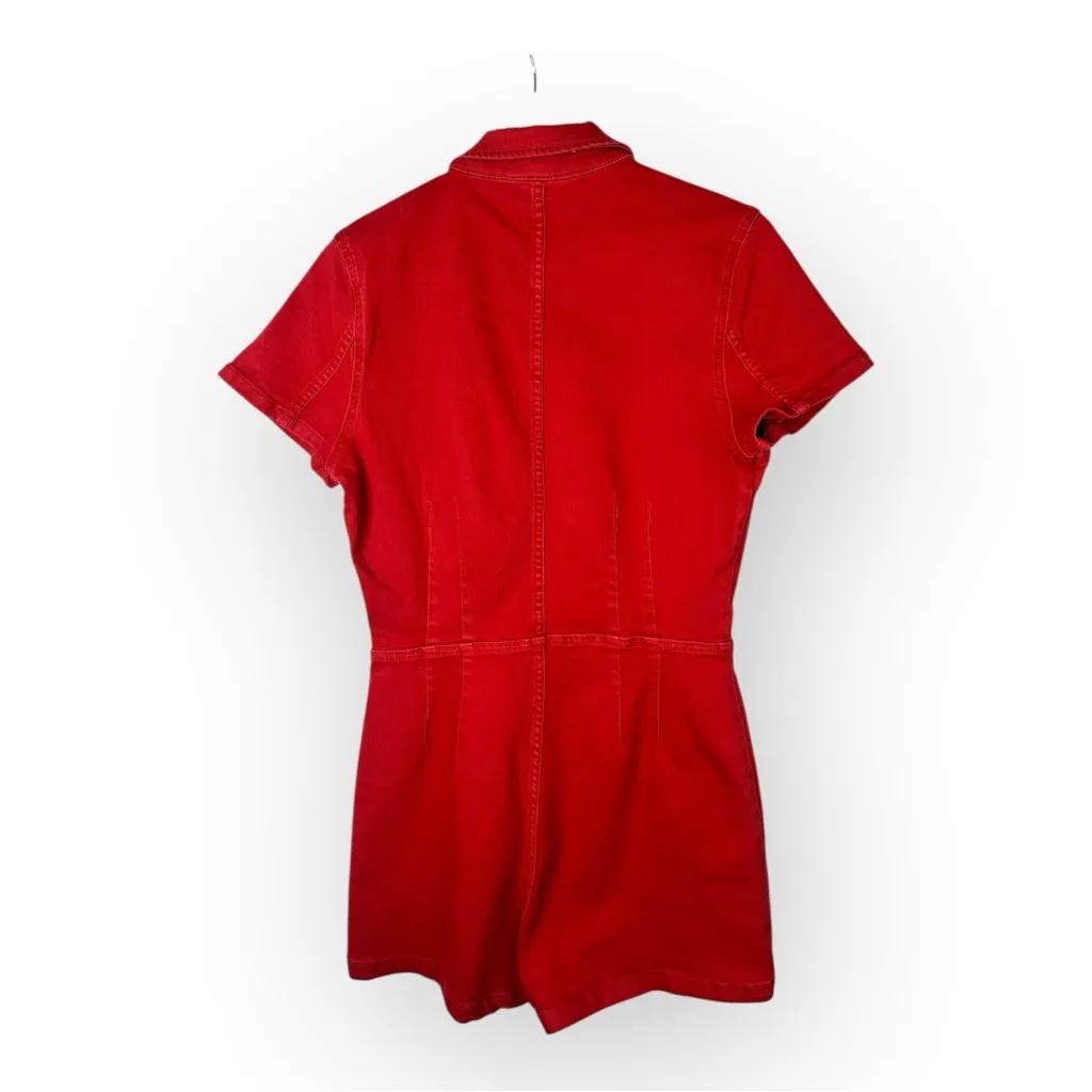 Free People Crvy size 10 Formula One Red Denim Zip Up Lennox Romper Shortsuit - Image 3