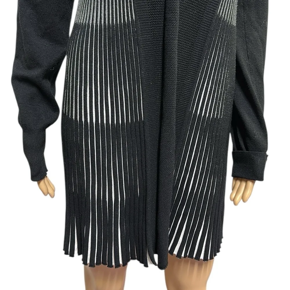 Lapis Long Open Front Ribbed Knit Cardigan Black and White Womens Small - Image 4