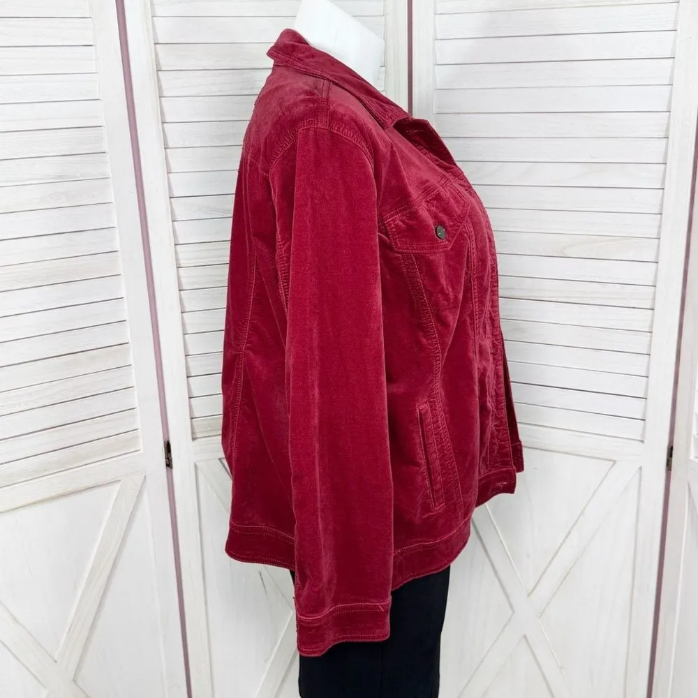 Chicos Boho Velour Paisley Embroidered Beaded Sequin Trucker Jacket Red‎ 3 XL 16 - Image 4